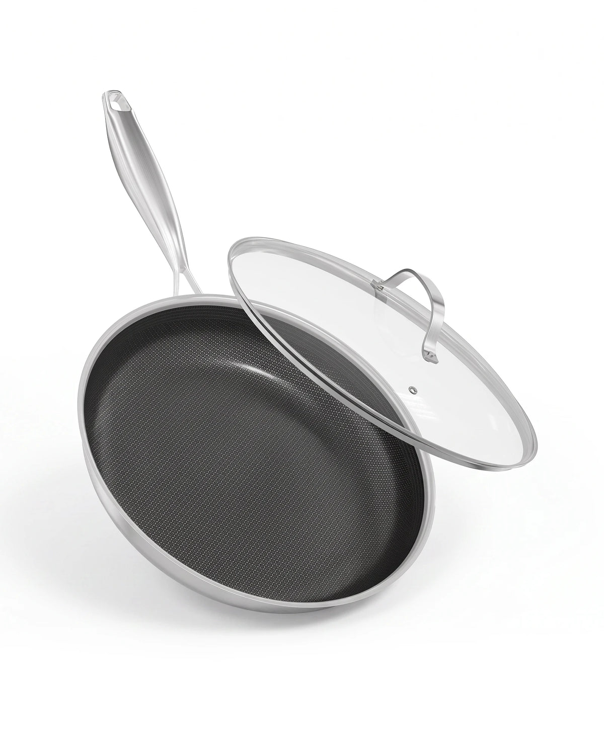 Honeycomb Tri-Ply Stainless Steel Non-Stick Frying Pan with Lid – Rivetless Skillet with Hollow Stay-Cool Handle – Great for Low-Smoke Frying & Grilling (28cm)