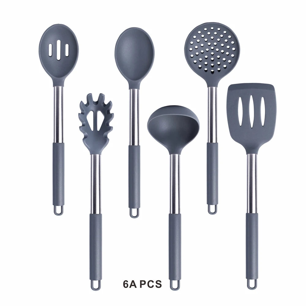 Silicone Kitchen Utensils Set with Stainless Steel Handles – Non-Stick Safe, Heat Resistant | Grey & Black | Available in 5 to 15-Piece Sets