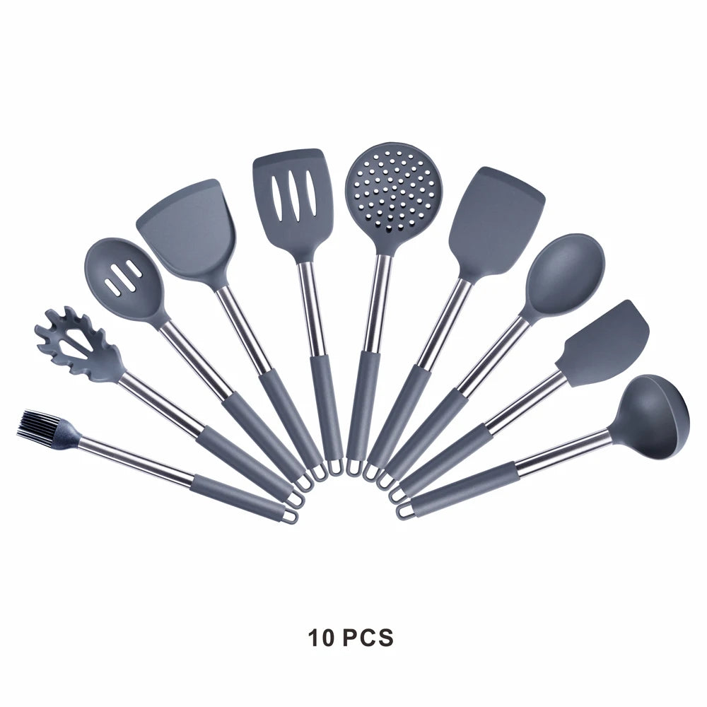 Silicone Kitchen Utensils Set with Stainless Steel Handles – Non-Stick Safe, Heat Resistant | Grey & Black | Available in 5 to 15-Piece Sets