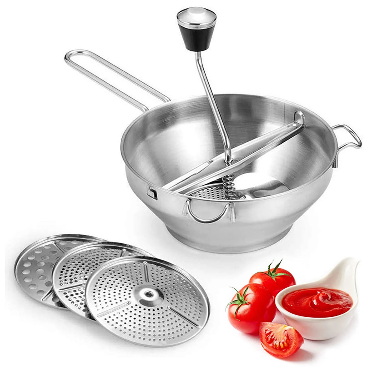 Stainless Steel Food Mill with 3 Interchangeable Discs – Manual Masher & Rotary Sieve/Strainer for Purees, Sauces, Soups, Potatoes, Vegetables, Garlic, Strawberry Jam & Baby Food – Durable & Easy to Use
