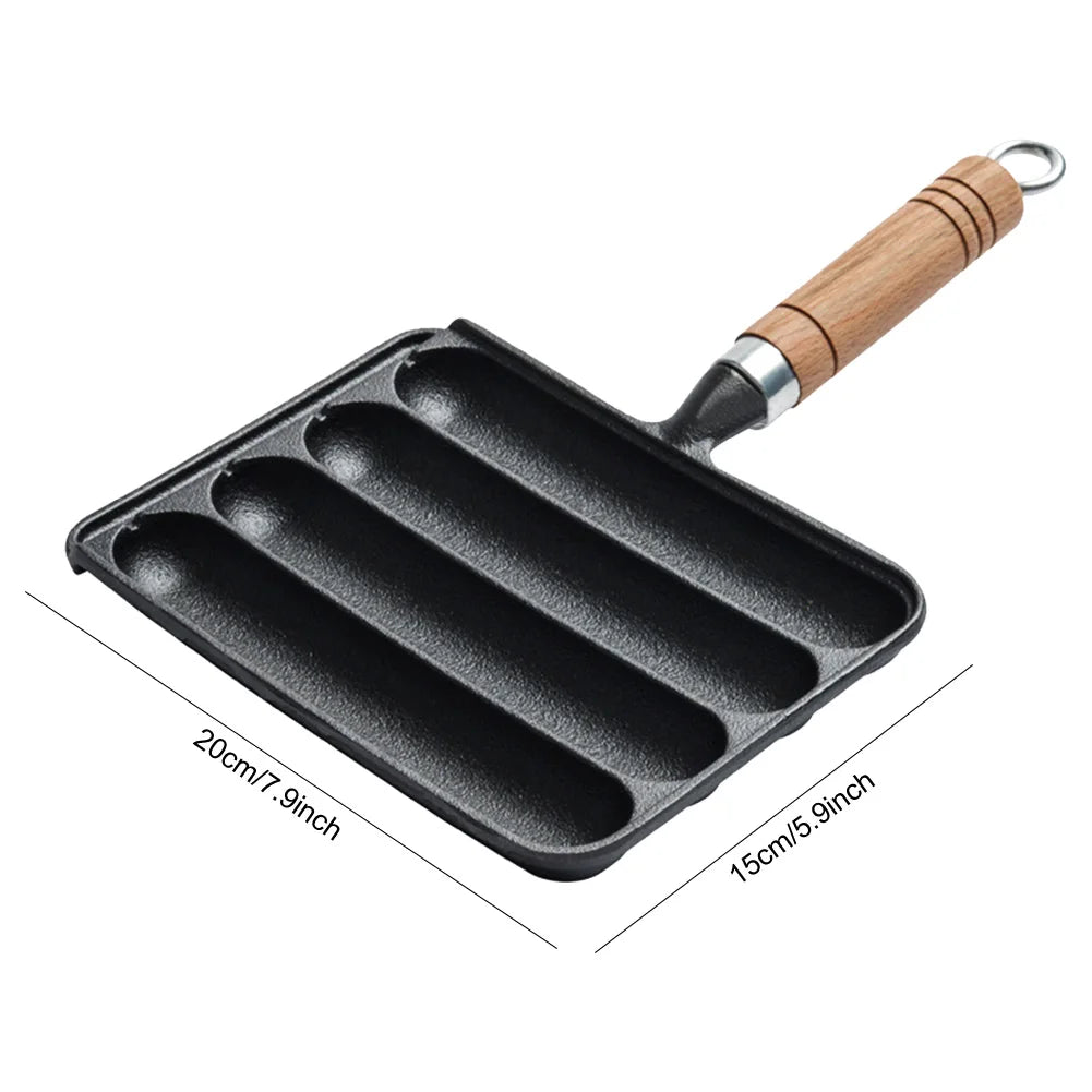 Cast  Iron Preseasoned Grilled Sausage Pot Nonstick Hot Dog Pan With Wooden Handle Hot Dog  Anti Scald