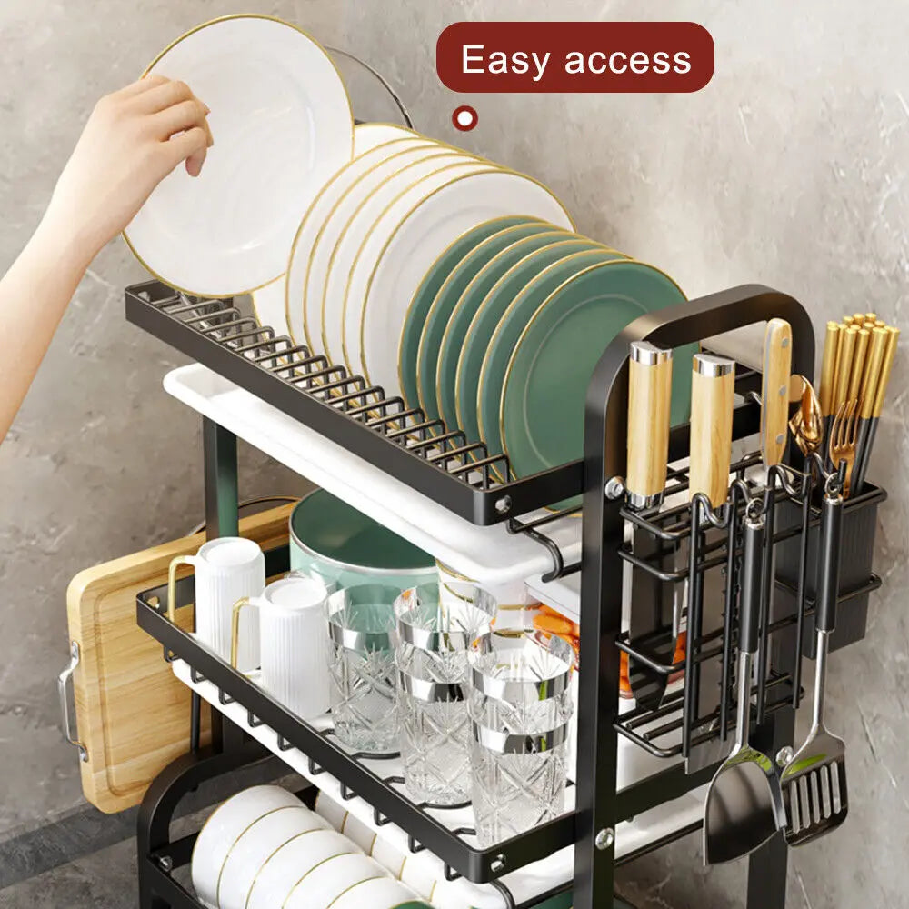 3 Tier Dish Drainer Rack with Drip Trays – Large Plate Rack with Cutlery & Chopping Board Holders – Great for Drying Dishes by the Sink