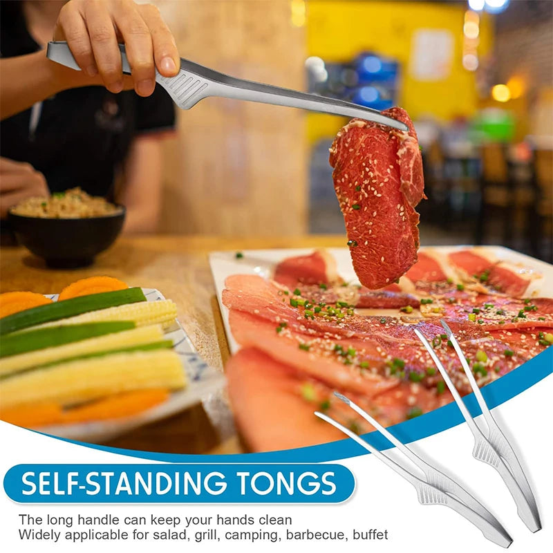Stainless Steel Self-Standing Grill Tongs – Non-Slip Korean & Japanese Style BBQ Tongs – Perfect for Grilling, Turning Meat & Serving