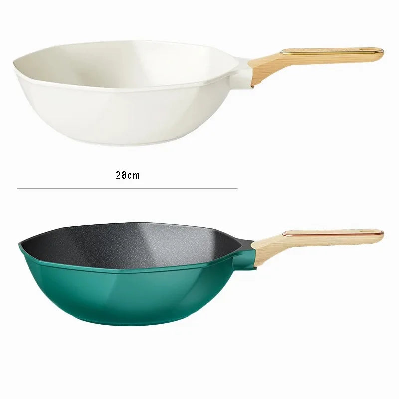Octagonal Medical Stone Non-Stick Wok Frying Pan with Glass Lid – Deep Skillet for Stir-Fries, Sautéing, Frying, Soup, Noodles, Steak, Eggs, Pancakes & One-Pan Meals – Induction & Gas Compatible – Available in 28cm,Green & White Colour