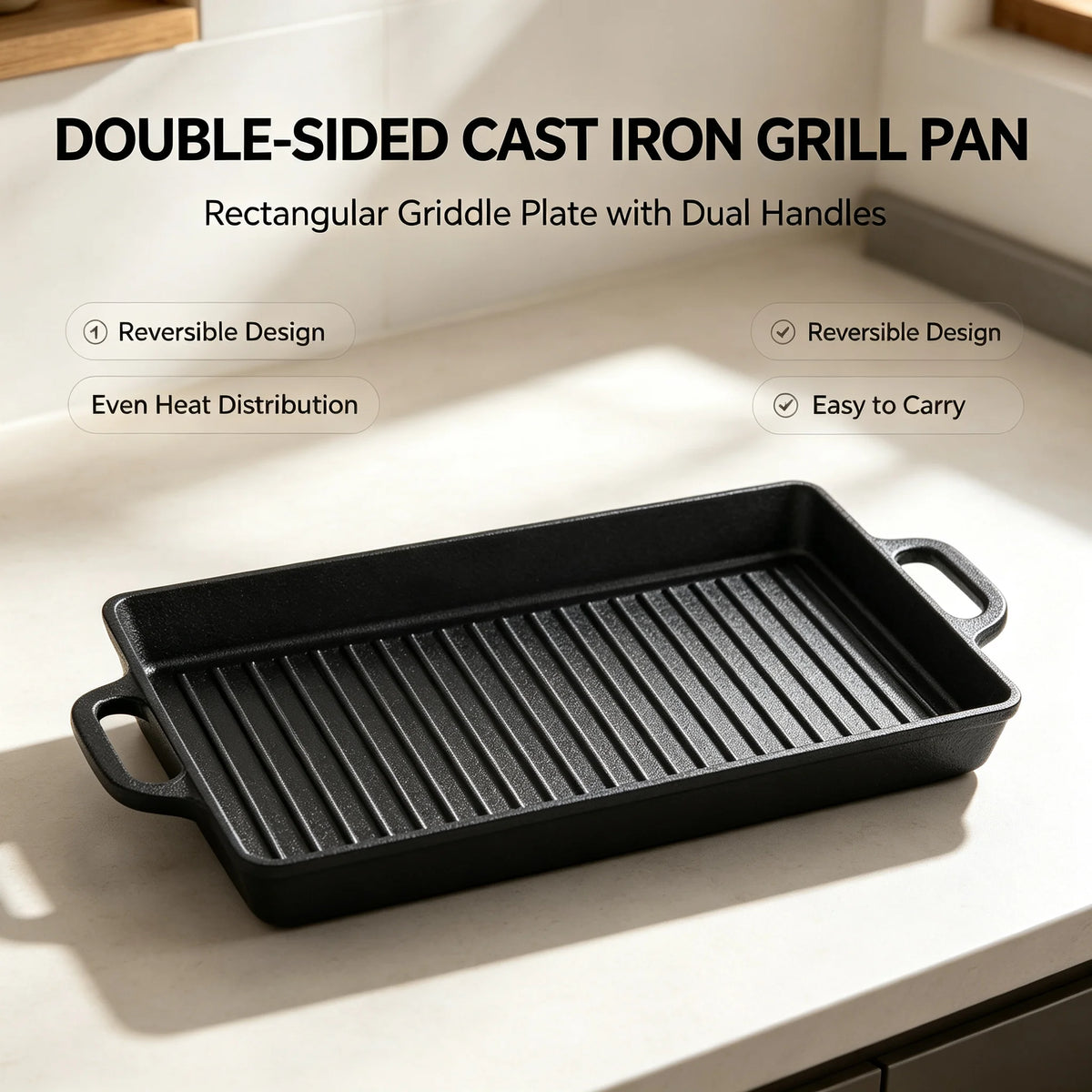 Rectangular Cast Iron Grill Pan – Double-Sided Ridged & Flat Griddle Plate with Dual Handles – Best for Steaks, Burgers & Toasties