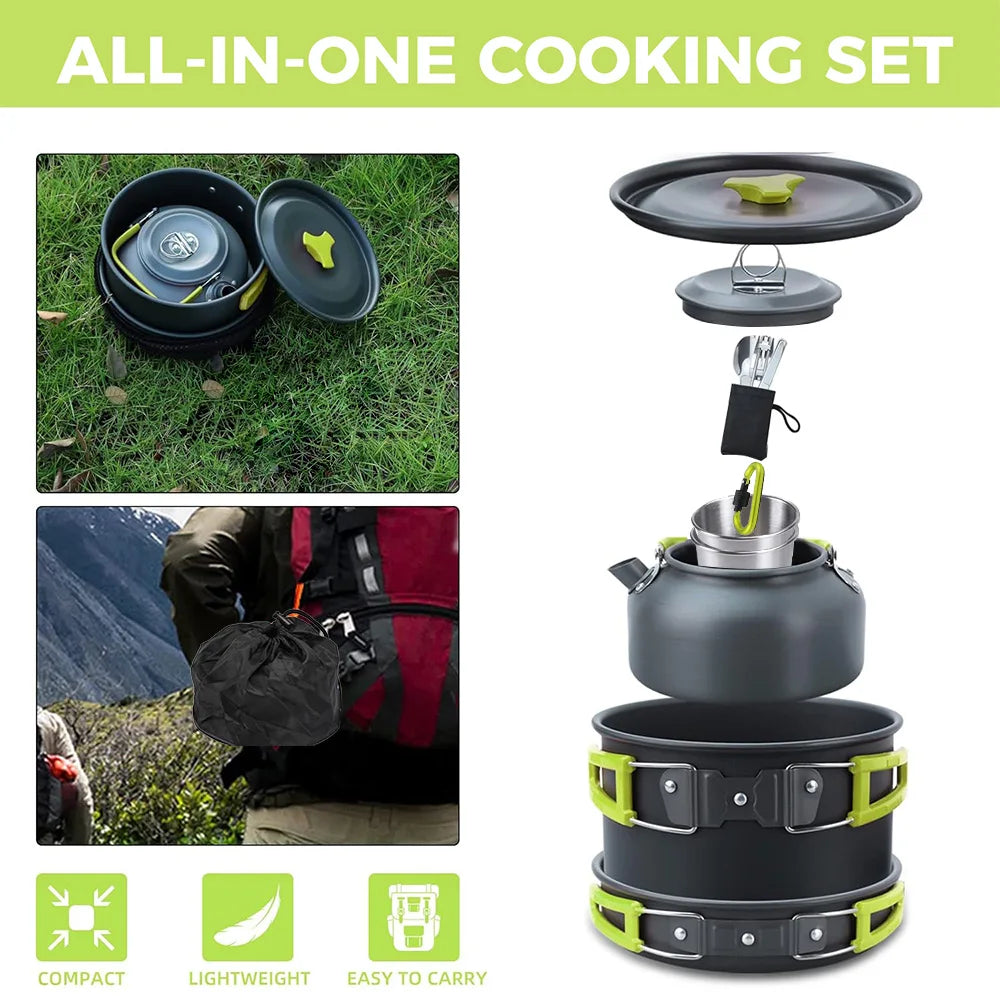 10 Piece Non-Stick Camping Cookware Kit – Aluminium Pot, Frying Pan & Kettle with Folding Handles – Great for Hiking, Picnics & Camping for 1–2 People