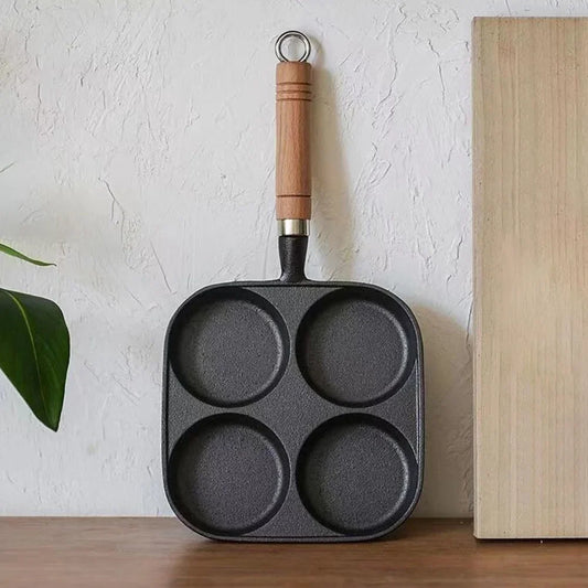 Pre-Seasoned 4-Hole Cast Iron Frying Pan – Non-Stick Breakfast Skillet with Wooden Handle for Eggs, Pancakes, Burgers & More (Gas & Induction Compatible)