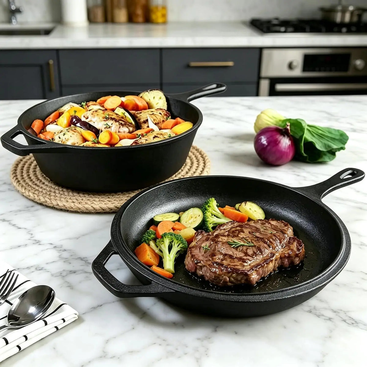 Cast Iron Casserole Pot with Frying Pan Lid – Pre-Seasoned 2-in-1 Dutch Oven Set with Ergonomic Handles – Best for Stews, Bread & Campfire Cooking
