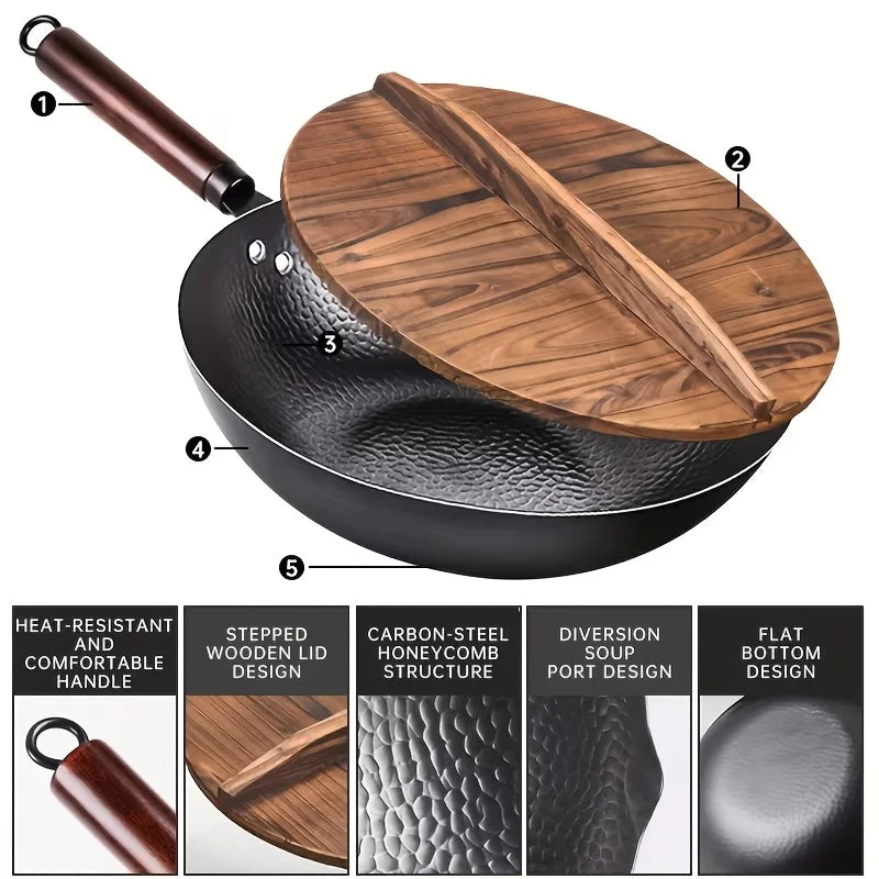 Traditional Iron Wok with Wooden Lid – Uncoated Metal Spatula Safe Stir-Fry Wok – Great for High-Heat Stir-Fries on Gas & Induction (32cm)