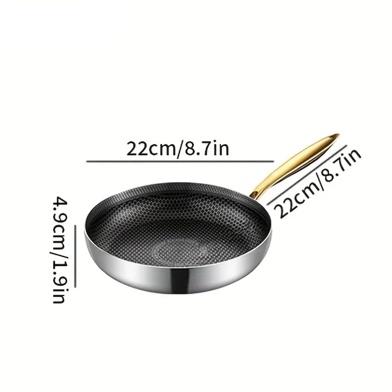 Honeycomb Stainless Steel Non-Stick Frying Pan with Golden Handle | 316 Stainless Steel | Induction & Gas Compatible | Ideal for Steak, Eggs, Pancakes, Fish & Stir-Fries | Available in 22cm, 24cm, 26cm, 28cm & 30cm 22cm