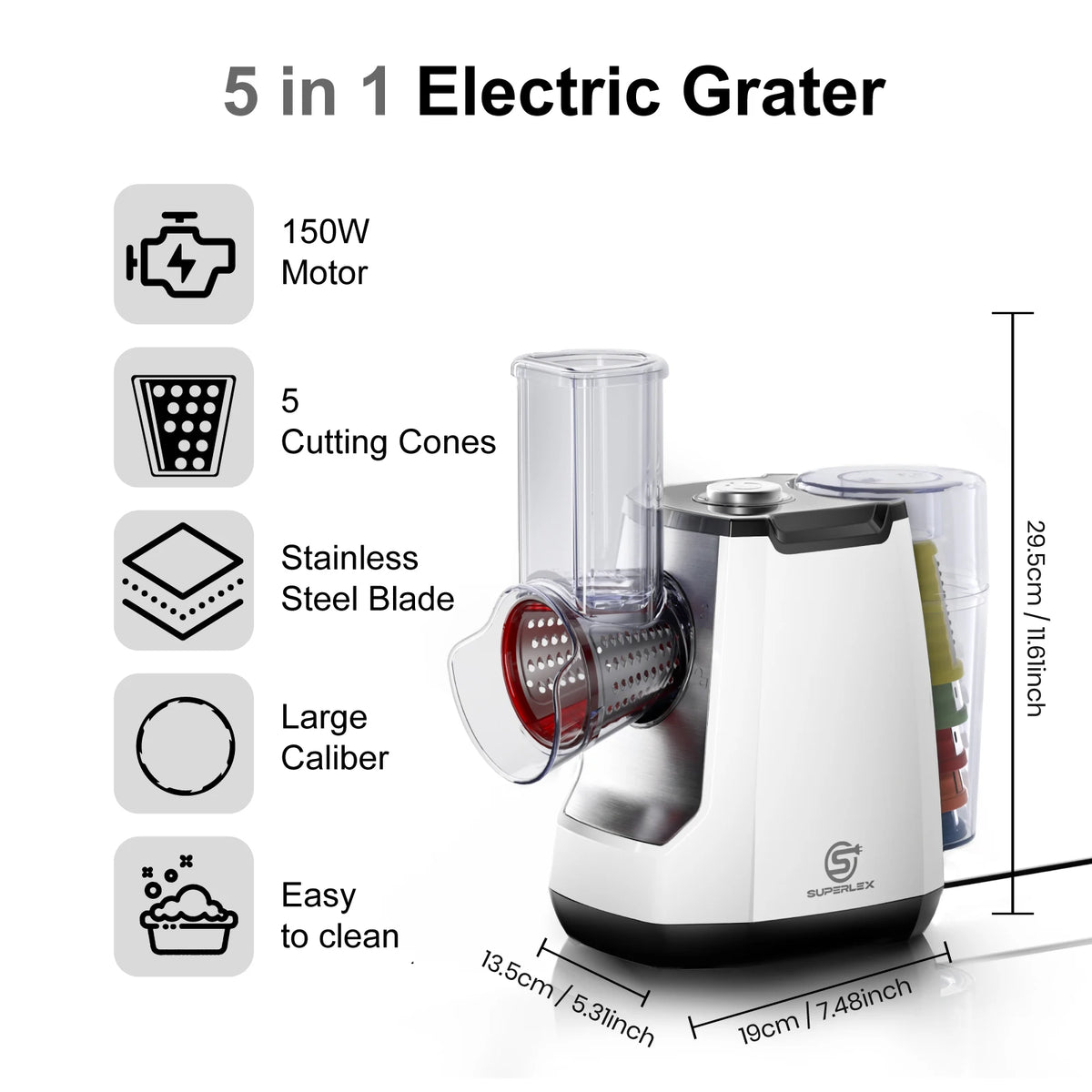 5-in-1 Electric Grater & Salad Maker 150W – Vegetable Slicer & Shredder with Stainless Steel Cones – Great for Cheese, Carrots, Nuts & Salads