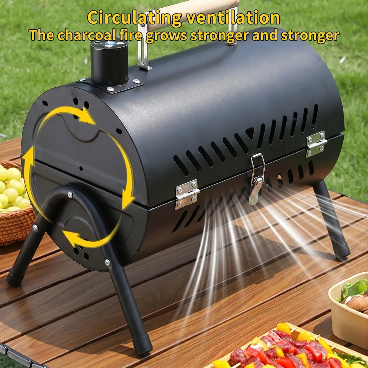 Double Layer Portable Charcoal BBQ with Grill Plate – Camping Barbecue with Grill Rack, Non-Stick Hot Plate & Chimney – Great for Picnics, Garden & Beach