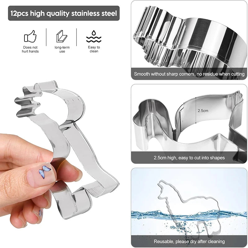 12 Piece Stainless Steel Animal Cookie Cutter Set with Storage Box – Safari Animal Biscuit Cutters – Perfect for Kids Baking & Fondant