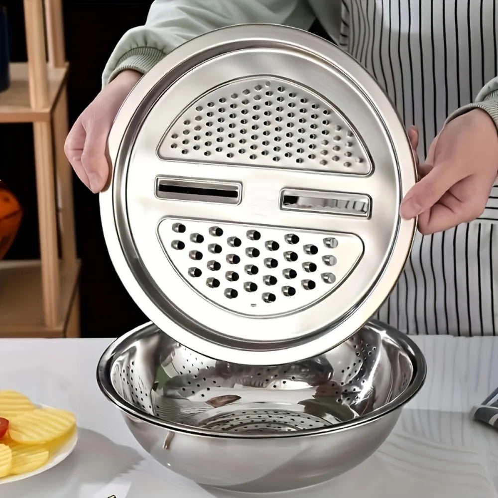 3 Piece Stainless Steel Grater & Mandoline Set with Draining Bowl – Multi-Function Slicer & Vegetable Washing Basket – Great for Potatoes, Carrots & Salads