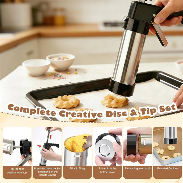 3-in-1 Stainless Steel Churro Maker & Cookie Press Kit – Spritz Biscuit Gun with Moulds – Great for Churros, Biscuits & Piped Desserts