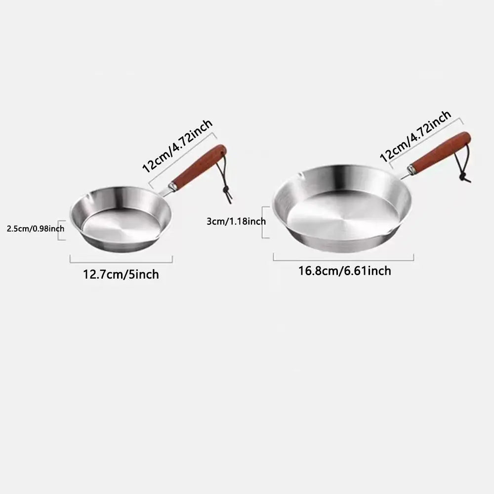 Mini Stainless Steel Egg Frying Pan with Wooden Handle – 304 Flat-Bottom Omelette Skillet – Ideal for Single Eggs, Pancakes & Small Portions – Available in 12.7cm & 16.8cm
