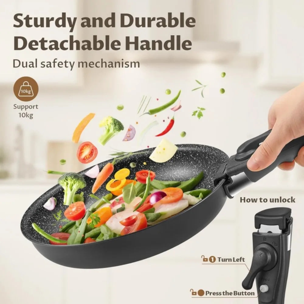 4 Piece Non-Stick Frying Pan Set with Detachable Handle – 23cm & 28cm Frying Pans & 28cm Sauté Pan – Great for Stove to Oven & Stackable Storage