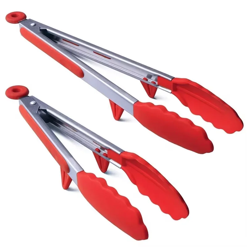 Heat Resistant Stainless Steel Cooking Tongs with Silicone Tips – Self-Standing Kitchen & BBQ Tongs – Perfect for Salads, Grilling & Serving – Available in Black & Red, 8 or 12 Inch