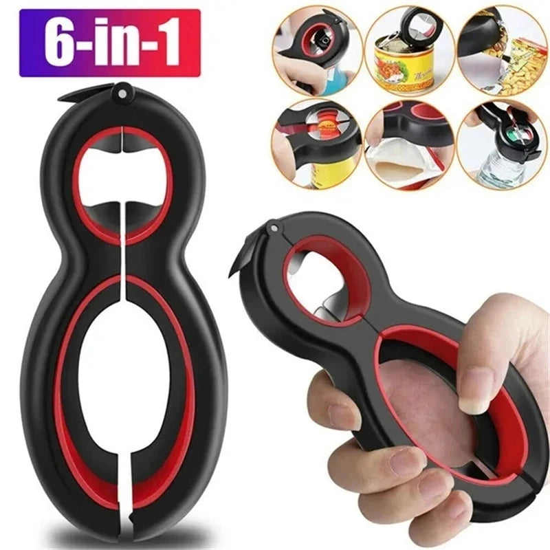 6-in-1 Multi-Function Can, Jar & Bottle Opener – Twist-Off Lid Gripper & Can Tapper – Ideal for Opening Stubborn Jars, Cans & Bottles