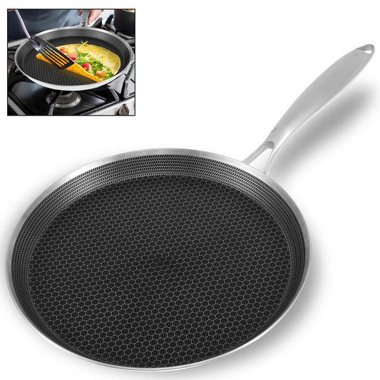 26cm Honeycomb Stainless Steel Non-Stick Pancake Pan with Removable Handle – Flat Dosa, Crepe & Tortilla Pan – Induction Compatible – Great for Pancakes, Crepes & Omelettes