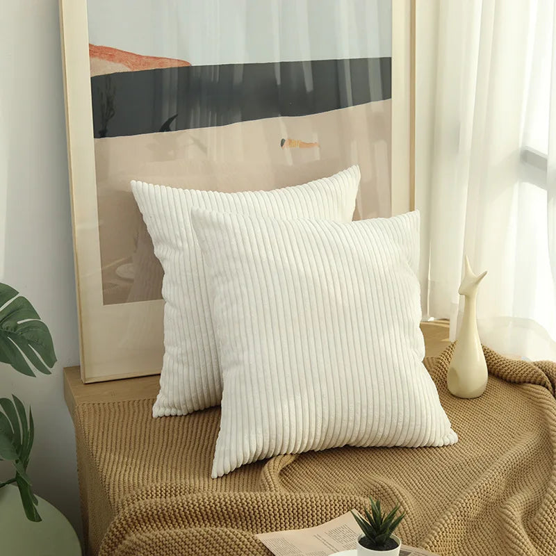 2 Piece Corduroy Striped Throw Pillow Cases 45x45cm – Soft Plush Decorative Cushion Covers – Great for Sofas, Beds & Living Rooms
