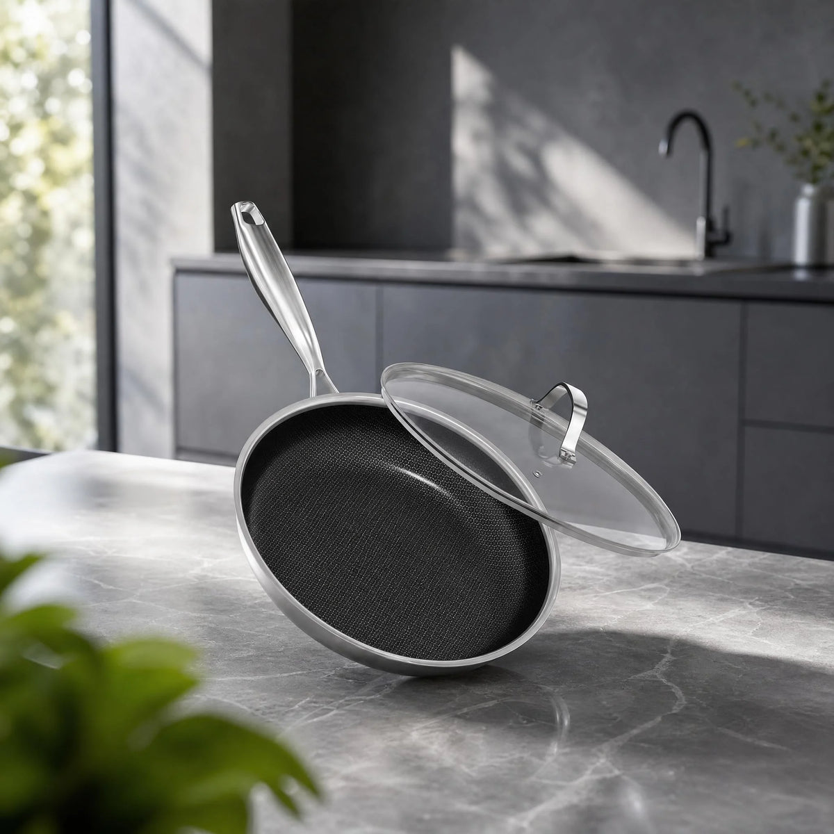 Honeycomb Stainless Steel Non-Stick Frying Pan with Lid – 3-Ply Scratch-Resistant Induction Skillet with Hanging Handle – Ideal for Low-Oil Cooking (28cm)