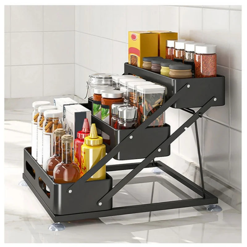 3-Tier Height-Adjustable Pull-Out Kitchen Spice Rack – Countertop Storage Organiser for Spice Bottles, Oils & Jars, Foldable & Rust-Resistant, Available in Black & White