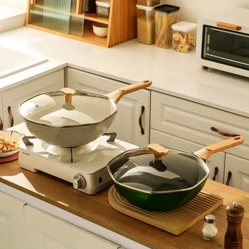 Octagonal Medical Stone Non-Stick Wok Frying Pan with Glass Lid – Deep Skillet for Stir-Fries, Sautéing, Frying, Soup, Noodles, Steak, Eggs, Pancakes & One-Pan Meals – Induction & Gas Compatible – Available in 28cm,Green & White Colour