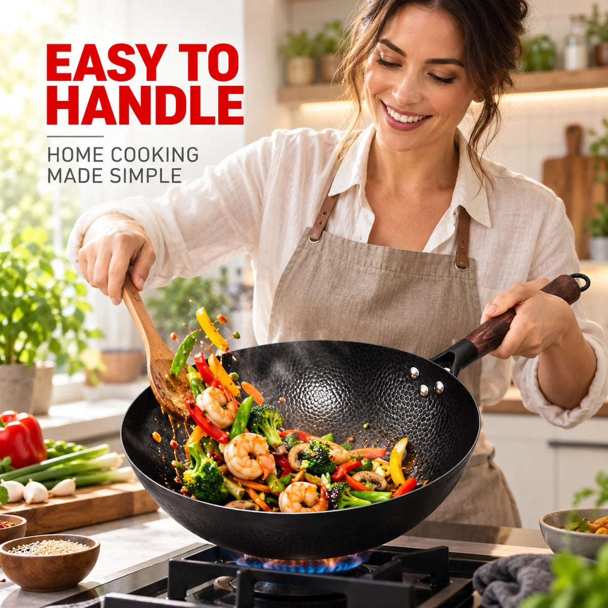 Iron Wok with Wooden Lid – Uncoated Pure Iron Stir-Fry Pan – Perfect for Stir-Frying, Noodles & High-Heat Cooking (32cm)