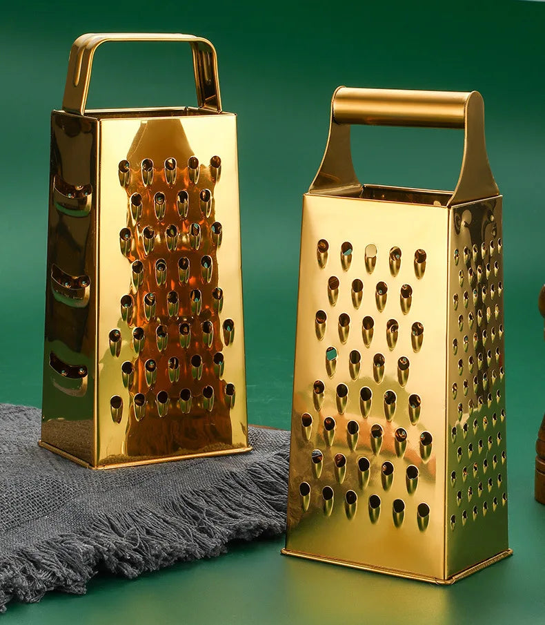 Stainless Steel Four-Sided Cheese Grater – Multi-Functional Handheld Box  Grater  & Vertical Fruit Slicer, Available in Gold & Silver