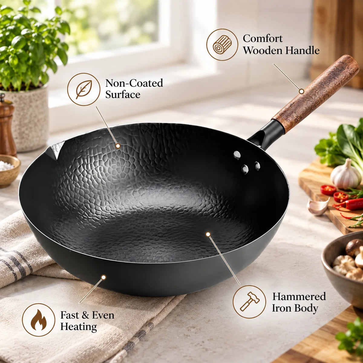 Iron Wok with Wooden Lid – Uncoated Carbon Steel Stir-Fry Wok, Restaurant Style – Ideal for Gas, Electric & Induction Hobs (32cm)