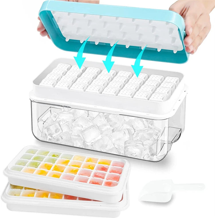 Stackable Silicone Ice Cube Tray Set with Storage Bin – 2 Trays & 64 Nugget Ice Moulds – Best for Chilling Drinks & Freezing – Available in Pink, Blue, Green & Orange Colours