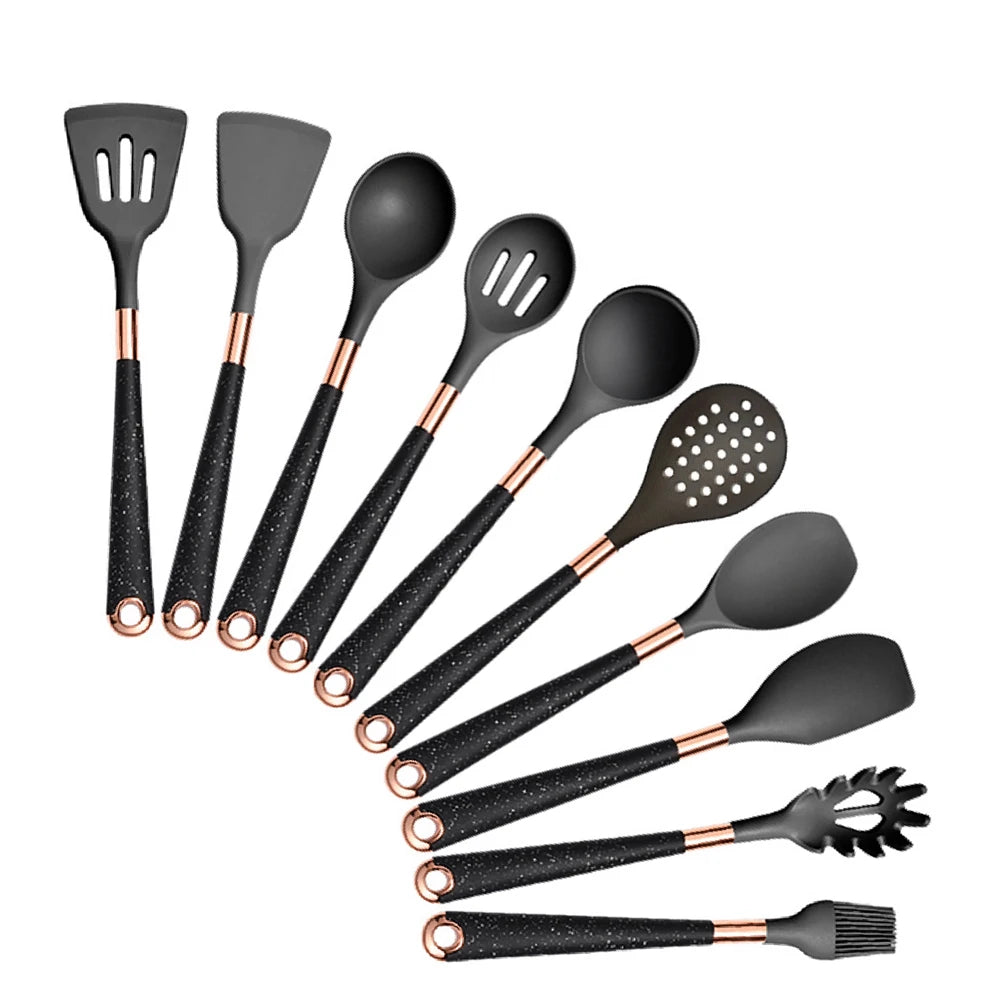 Silicone Cooking Utensils Set with Gold-Plated Handles – Non-Stick Safe, Heat Resistant | Black & Beige | Available in 5, 7, 10 & 12-Piece Sets