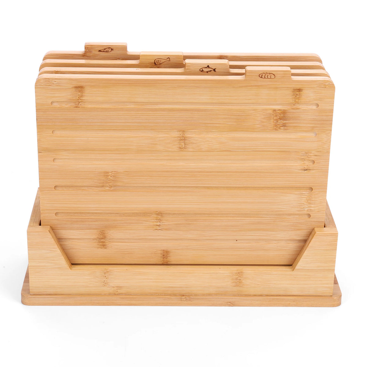 4 Piece Bamboo Chopping Board Set with Holder – Engraved Food Icon Boards with Juice Grooves – Perfect for Food Separation & Meal Prep