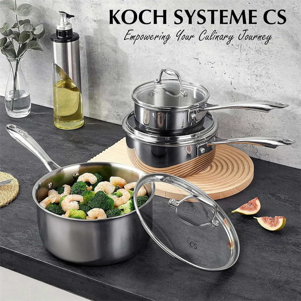6 Piece Tri-Ply Stainless Steel Saucepan Set with Glass Lids – 14cm, 18cm & 20cm Milk Pan & Saucepans – Great for Sauces, Soups & Induction Hobs