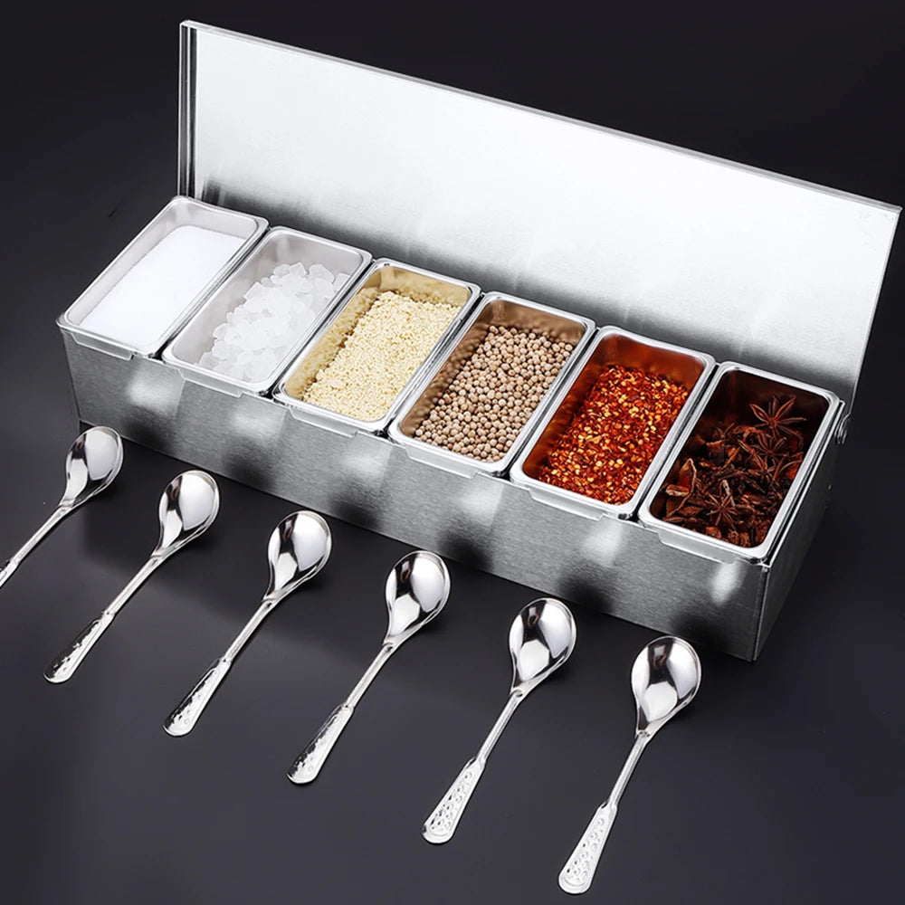 Stainless Steel 6-Compartment Seasoning Box with Lid