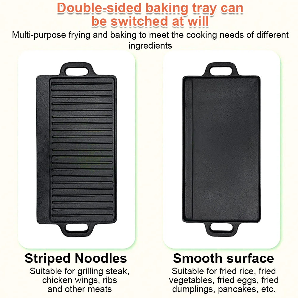 Double-Sided Cast Iron Griddle & Grill Plate – Reversible Ridged & Flat BBQ Plate with Handles – Perfect for Steaks, Pancakes & Camping (50.5 x 23.5cm)