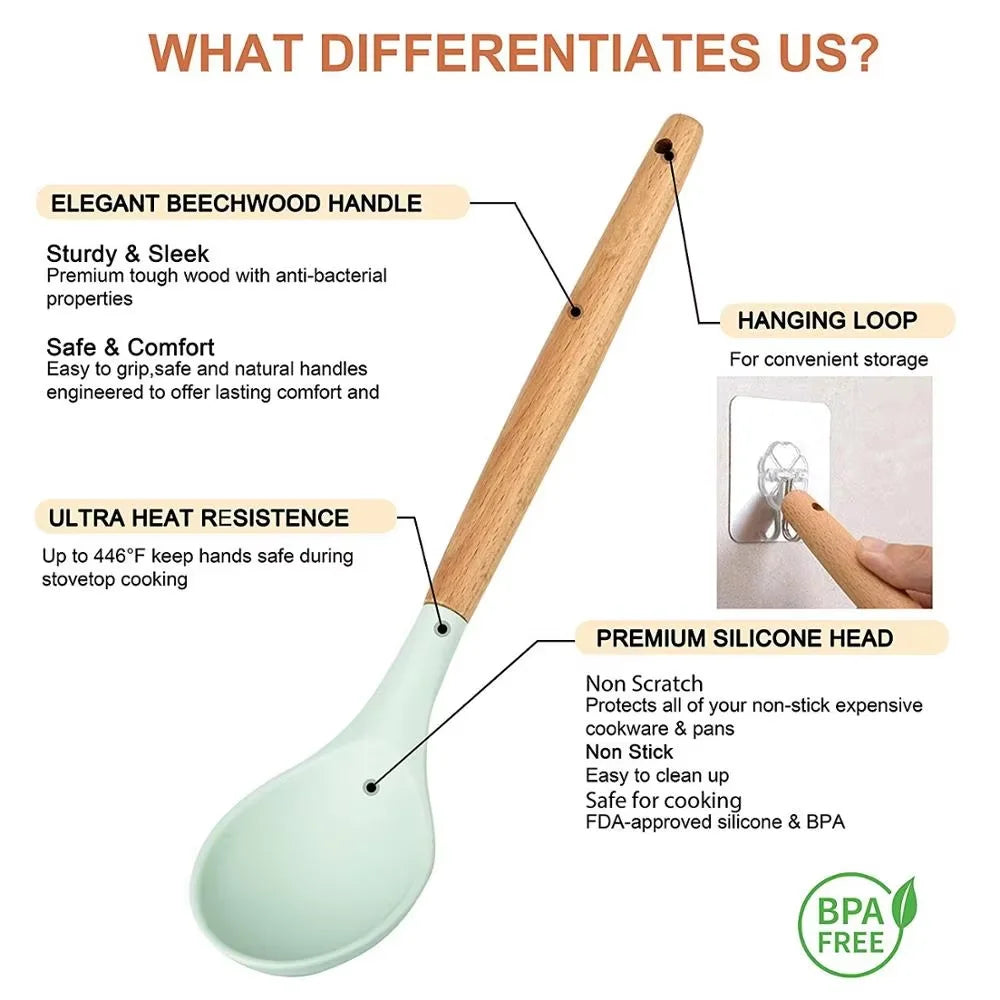 Heat Resistant Silicone Cooking Utensil with Wooden Handle – Up to 230°C Turner, Tongs, Spatula, Spoon, Brush & Whisk – Ideal for Nonstick Cookware