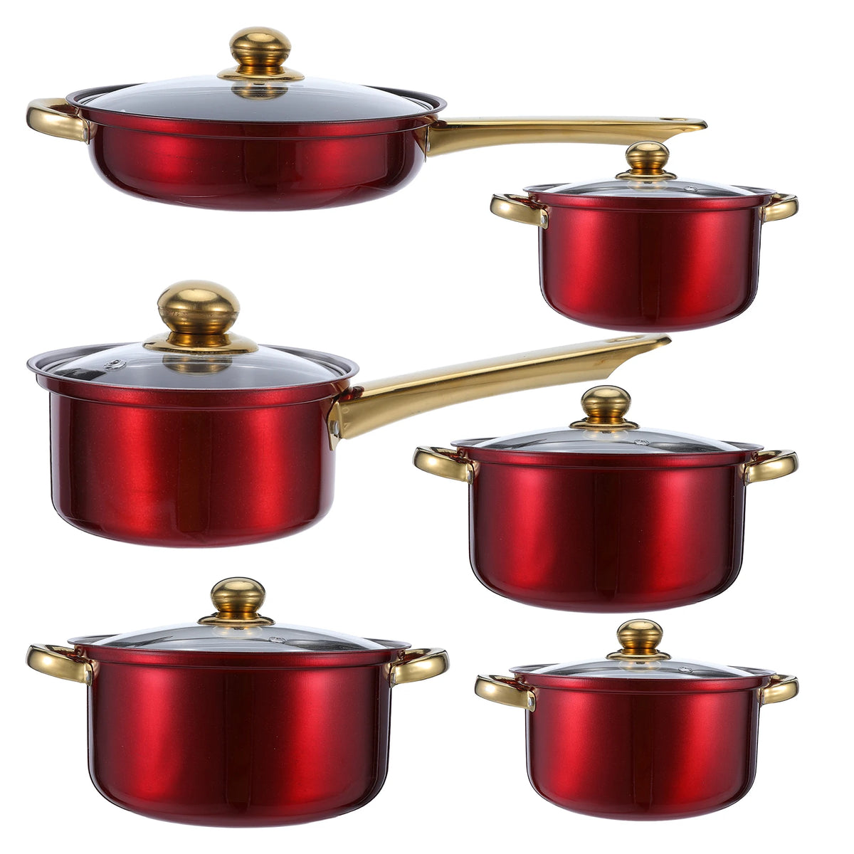 Red Non-Stick Stainless Steel Pots & Pans Set with Glass Lids – 6 Piece Thickened Cookware Set – Great for Induction, Gas, Electric & Ceramic Hobs