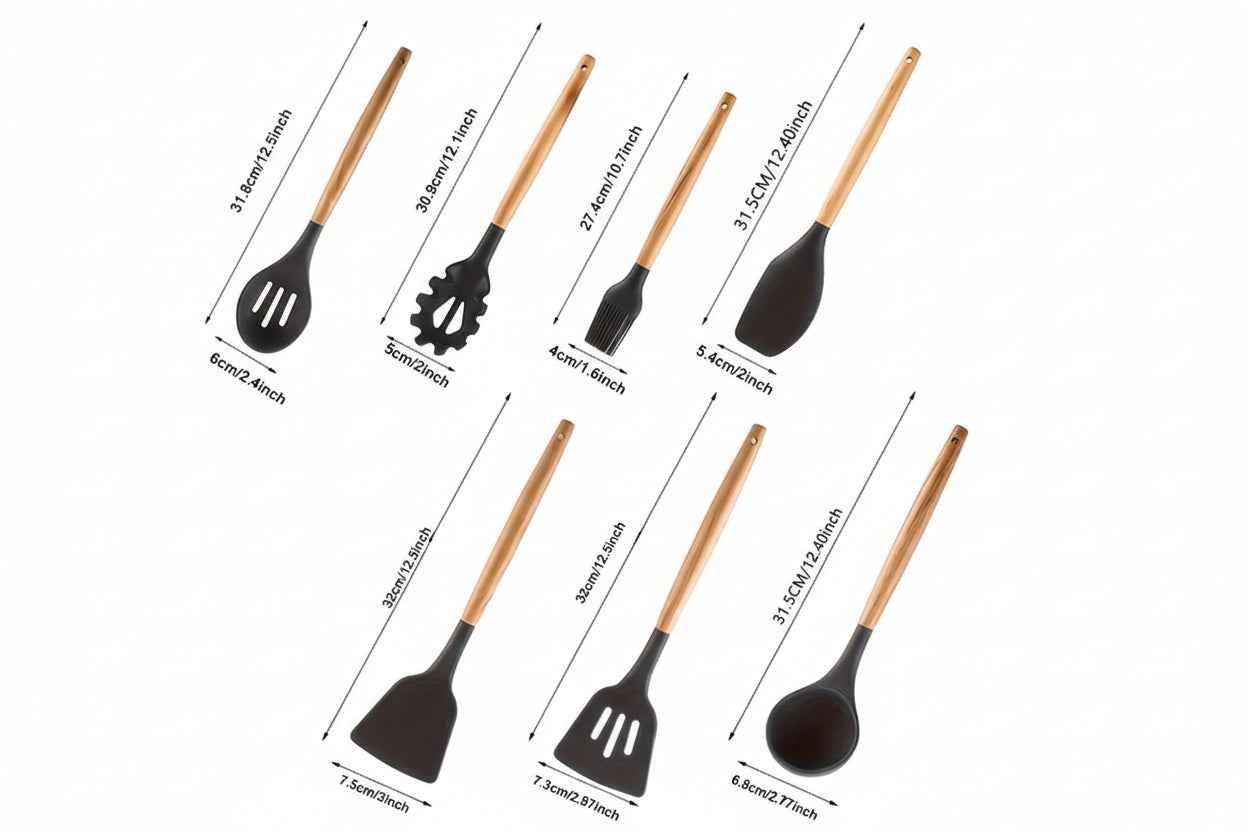 7-piece Silicone Kitchen Utensil Set with Wooden Handles