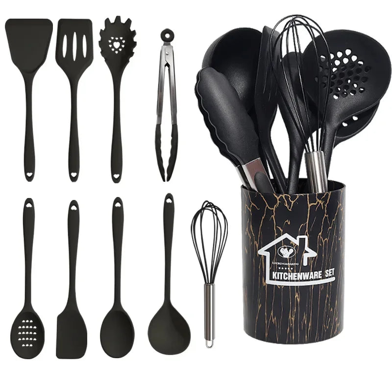 10/18-Piece Silicone Kitchen Utensils Set – Heat-Resistant Spatulas, Spoons, Turners, Brush, Whisk, and More Safe for Non-Stick Cookware & Daily Cooking – Available in Black & White