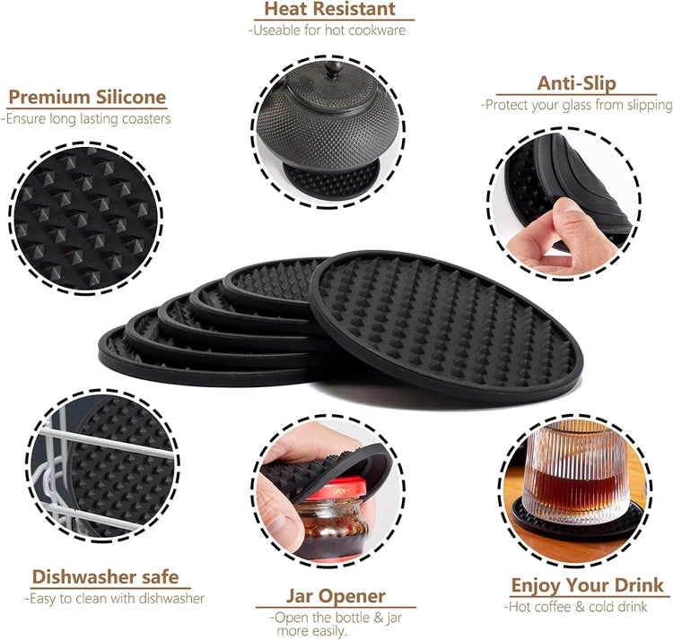 6 Pack Silicone Drink Coasters with Holder – Heat Resistant Non-Slip Cup Mats – Ideal for Protecting Tables & Worktops – Available in Black, Brown, Grey, Green, Blue & Sky Blue Colours