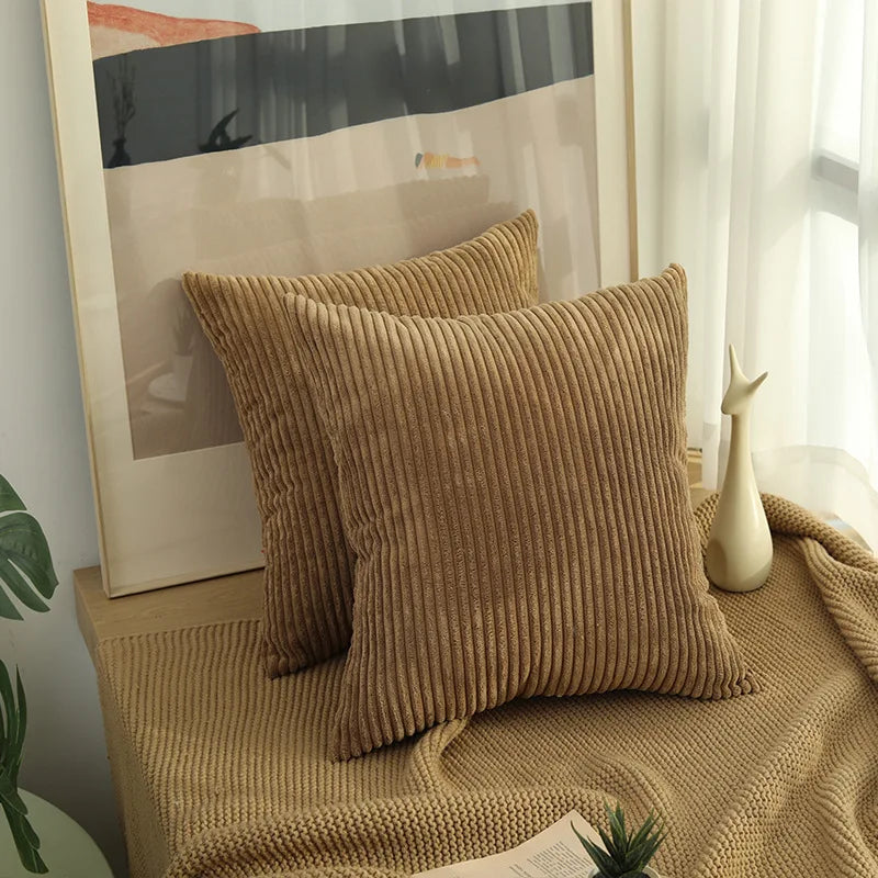 2 Piece Corduroy Striped Throw Pillow Cases 45x45cm – Soft Plush Decorative Cushion Covers – Great for Sofas, Beds & Living Rooms
