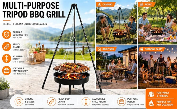 Campfire Tripod Grill with Barbecue Basin – Steel Camping Firepit Cooking Rack & Lantern Hanger – Best for Outdoor Cooking & Camping