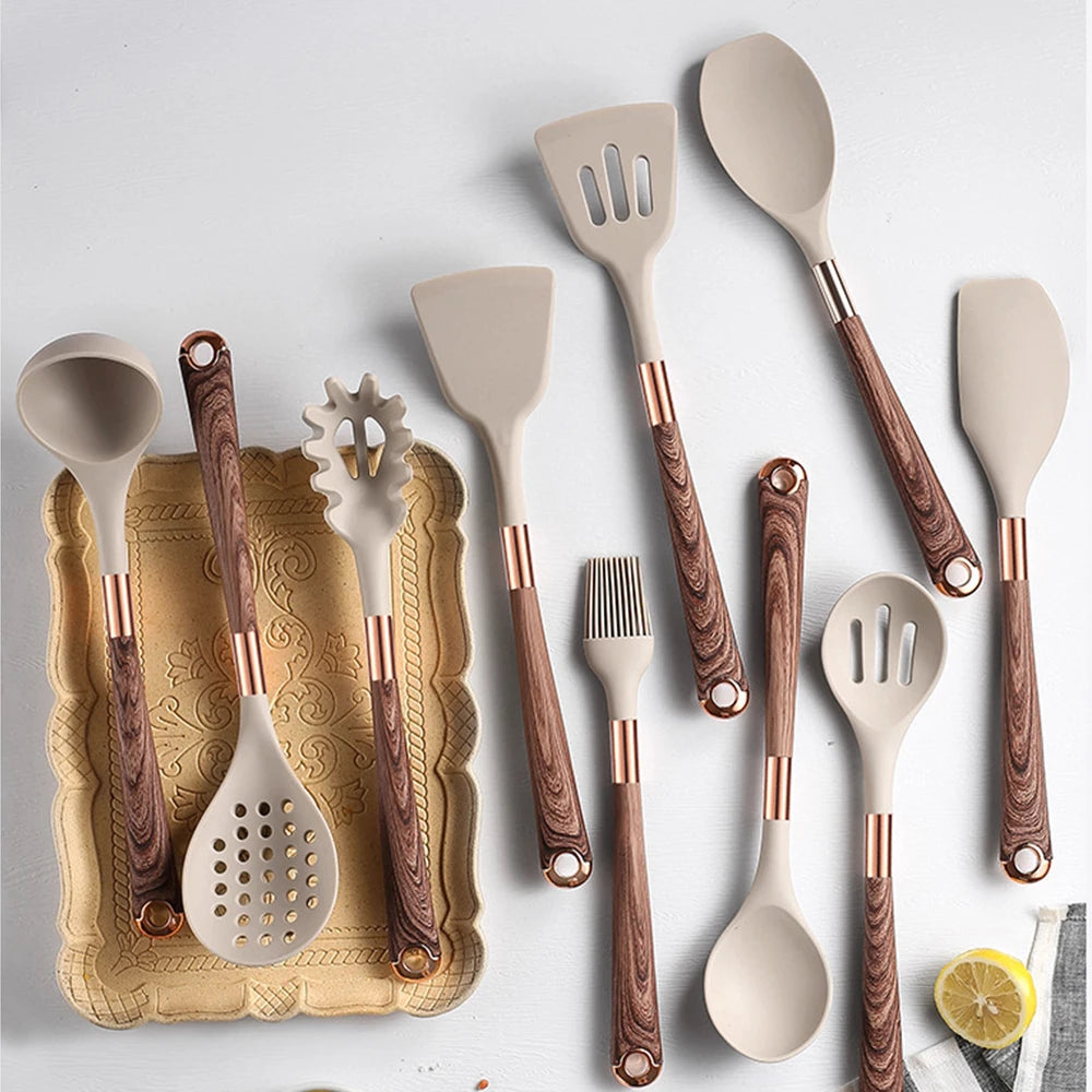 Silicone Cooking Utensils Set with Gold-Plated Handles – Non-Stick Safe, Heat Resistant | Black & Beige | Available in 5, 7, 10 & 12-Piece Sets