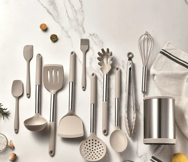 Food-Grade 12-Piece Silicone & Stainless Steel Kitchen Utensils Set with 360° Rotating Storage Holder– Heat-Resistant Cooking & Baking Utensils