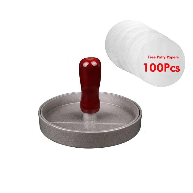 Non-Stick Burger Press with Wax Papers – Aluminium Round Patty Maker with Removable Handle – Ideal for BBQ Burgers & Meat Pies – Available in Black & Red Colours
