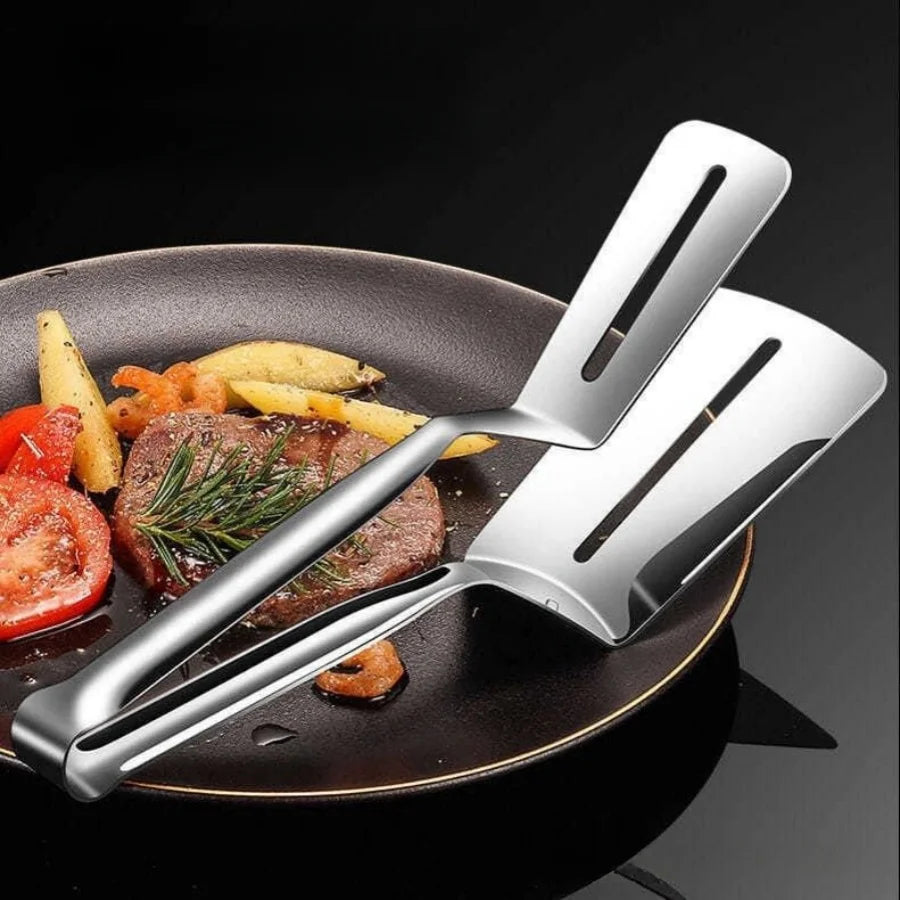 Stainless Steel Steak Tongs & Spatula Clip – Double-Sided Cooking Tongs for Fish, Meat & Pizza – Perfect for Flipping & Serving