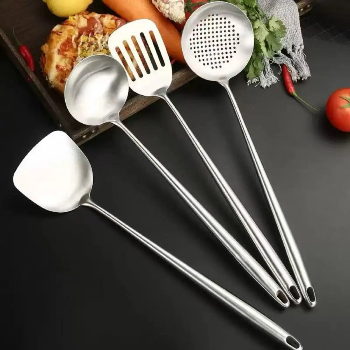 Stainless Steel Kitchen Utensils Set – Includes Slotted Turner, Ladle, Wok Spatula & Skimmer, Heat-Resistant for everyday cooking convenience 4-Piece set