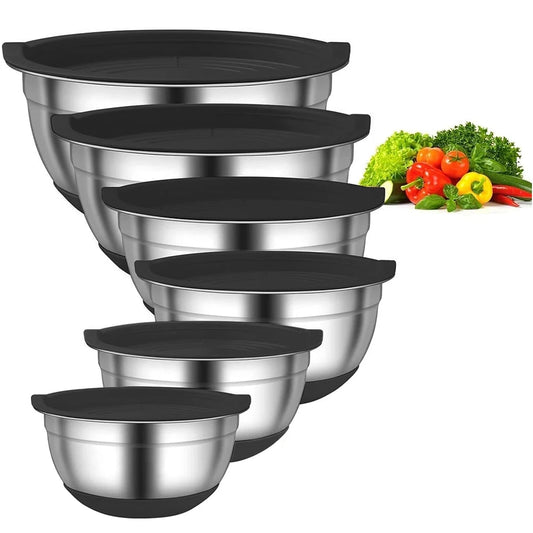 Stainless Steel Mixing Bowl Set with Airtight Lids – Multi-Purpose Kitchen Bowls for Mixing, Whisking, Serving, Storing & Food Prep – Fridge & Dishwasher Safe – Set Includes 6 Bowls in 18cm to 28cm Sizes